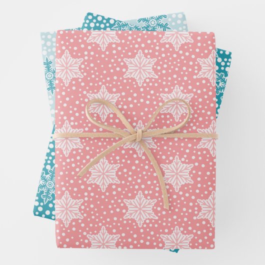 ピンクティール（緑がかった色）水玉模様スノーフレークスクリスマス ラッピングペーパーシート (インサイチュ)