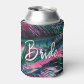 ピンクティール(緑がかった色)熱帯夏のヤシの木の葉 缶クーラー (缶正面)