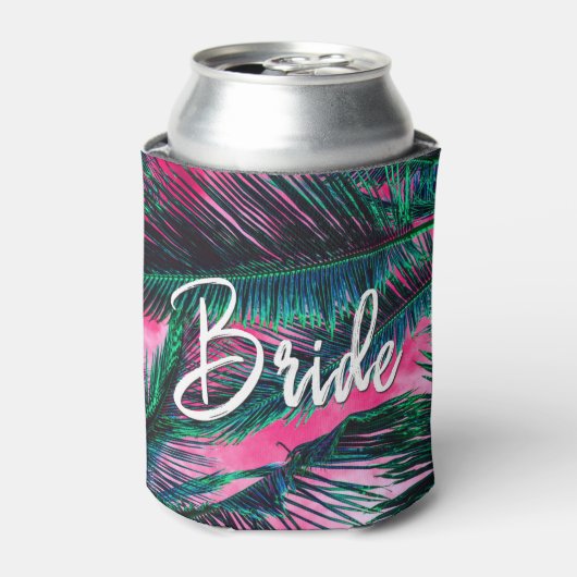 ピンクティール(緑がかった色)熱帯夏のヤシの木の葉 缶クーラー (缶正面)