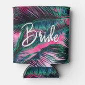 ピンクティール(緑がかった色)熱帯夏のヤシの木の葉 缶クーラー (正面)