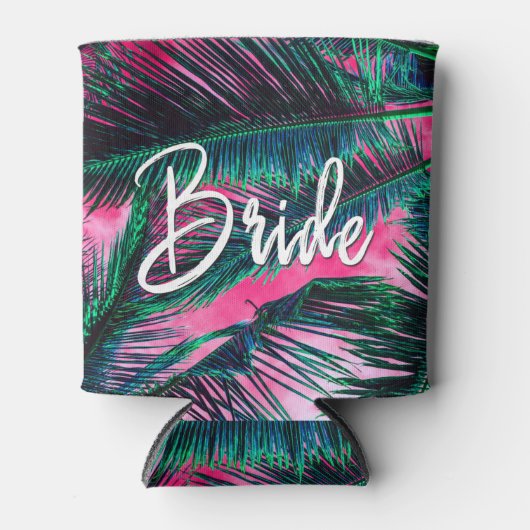 ピンクティール(緑がかった色)熱帯夏のヤシの木の葉 缶クーラー (正面)