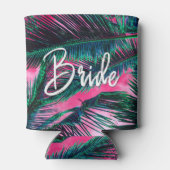 ピンクティール(緑がかった色)熱帯夏のヤシの木の葉 缶クーラー (裏面)