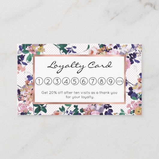 ピンクティール(緑がかった色)紫金ゴールド水玉模様フローラ ロイヤリティカード (正面)