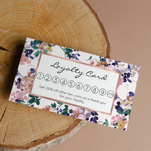 ピンクティール（緑がかった色）紫金ゴールド水玉模様フローラ ロイヤリティカード