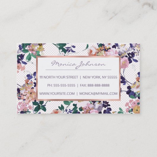 ピンクティール（緑がかった色）紫金ゴールド水玉模様フローラ 名刺 (裏面)