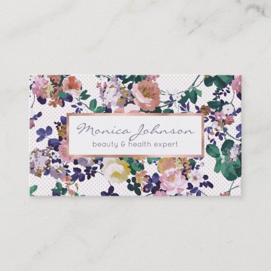 ピンクティール（緑がかった色）紫金ゴールド水玉模様フローラ 名刺 (正面)