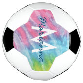 ピンクティール（緑がかった色）絞り染め名とイニシャル パーソナライズされた サッカーボール (回転)