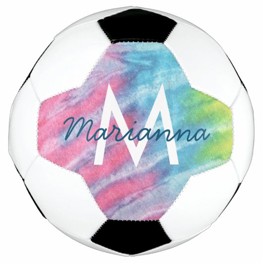ピンクティール（緑がかった色）絞り染め名とイニシャル パーソナライズされた サッカーボール (正面)