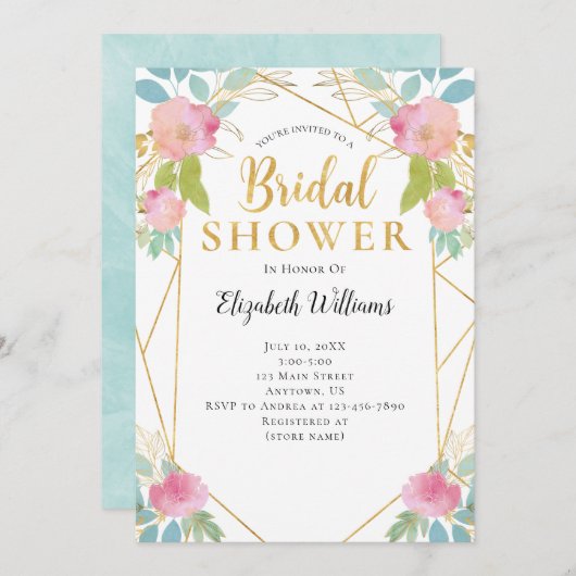 ピンクティール（緑がかった色）花幾何学模様ブライダルシャワー 招待状 (正面/裏面)