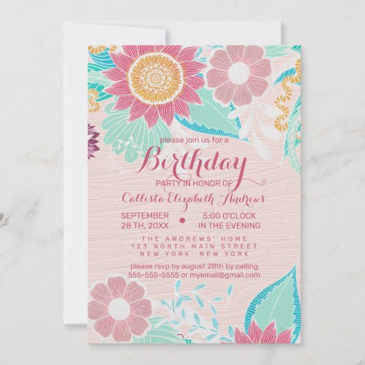 ピンクティール（緑がかった色）葉花油絵を描誕生日 招待状 (正面)