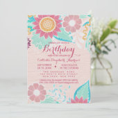 ピンクティール(緑がかった色)葉花油絵を描誕生日 招待状 (スタンド正面)