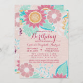 ピンクティール（緑がかった色）葉花油絵を描誕生日 招待状 (正面/裏面)