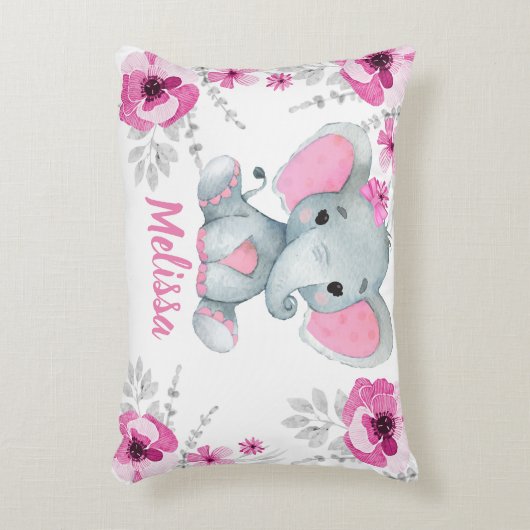 ピンクティール(緑がかった色)象の女の子名前をカスタムする枕 アクセントクッション (正面(垂直))