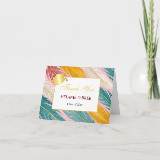 ピンクティール（緑がかった色）金ゴールド大学卒業 サンキューカード (正面)