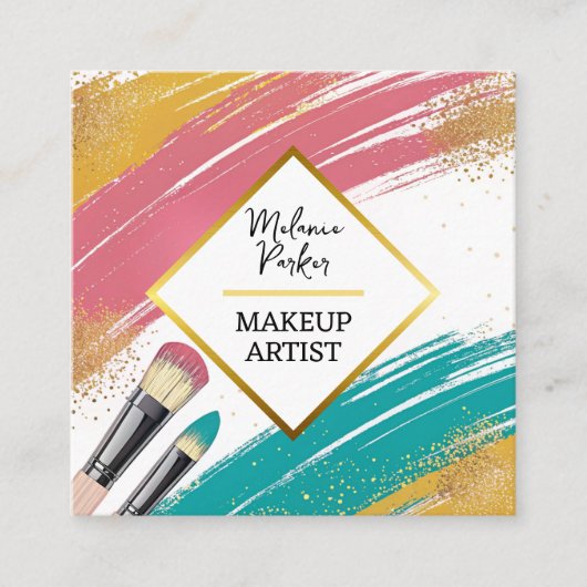 ピンクティール(緑がかった色)金ゴールド絵を描グリッターメイク スクエア名刺 (正面)