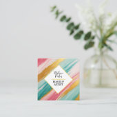 ピンクティール（緑がかった色）金ゴールド絵を描グリッターメイク スクエア名刺 (スタンド正面)