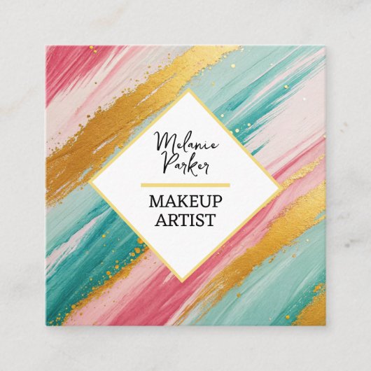 ピンクティール（緑がかった色）金ゴールド絵を描グリッターメイク スクエア名刺 (正面)
