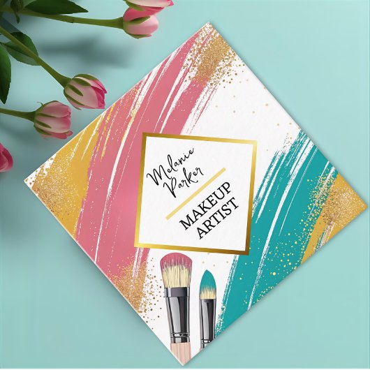 ピンクティール(緑がかった色)金ゴールド絵を描グリッターメイク スクエア名刺
