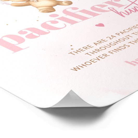 ピンクテディベアおしゃぶり狩りベビーシャワーゲーム ポスター (角)