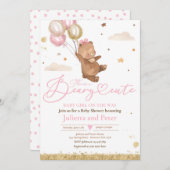 ピンクテディベアかわいい赤ちゃん女の子が途中 招待状 (正面/裏面)