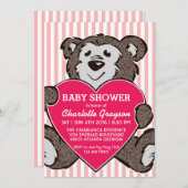ピンクテディベアとハートベビーシャワー招待状 招待状 (正面/裏面)