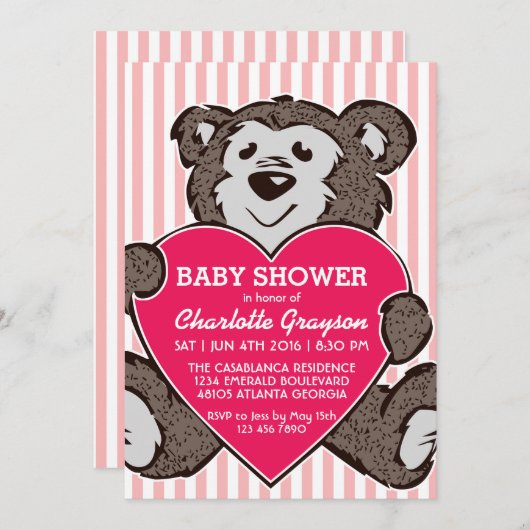 ピンクテディベアとハートベビーシャワー招待状 招待状 (正面/裏面)
