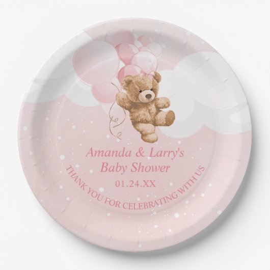ピンクテディベアとバルーン紙プレート ペーパープレート (正面)