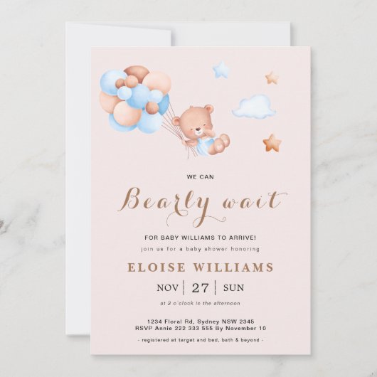 ピンクテディベアの風船を待つことができる 招待状 (正面)