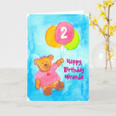 ピンクテディベアハッピーセカンドバースデーカスタム カード (黄色い花)