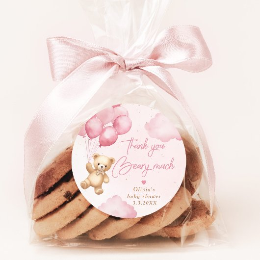 ピンクテディベアバルーンありがとうございました ラウンドシール