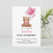 ピンクテディベアバルーンファースト誕生日招待状 招待状 (スタンド正面)