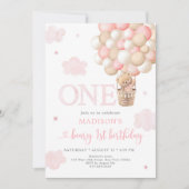 ピンクテディベアバルーンベアリーファースト誕生日 招待状 (正面)