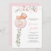 ピンクテディベアバルーンベビーシャワーガール 招待状 (正面/裏面)