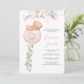 ピンクテディベアバルーンベビーシャワーガール 招待状 (スタンド正面)