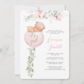 ピンクテディベアバルーンベビーシャワーガール 招待状 (正面)