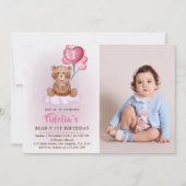 ピンクテディベアバルーン第1誕生日写真 招待状 (正面)