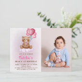 ピンクテディベアバルーン第1誕生日写真 招待状 (スタンド正面)