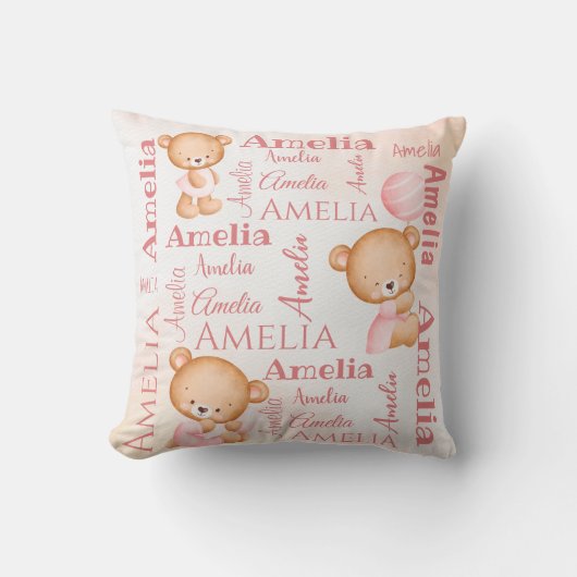 ピンクテディベアパーソナライズされたガールズネームベビー クッション (正面)
