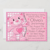 ピンクテディベアピクニックガールズ誕生日 招待状 (正面)