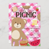 ピンクテディベアピクニックバースデーパーティーの招待 招待状 (正面/裏面)