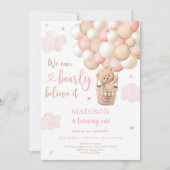 ピンクテディベアホットエアバルーン誕生日 招待状 (正面)