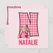 ピンクテディベアレターN子供の誕生日パーティー 招待状 (正面/裏面)