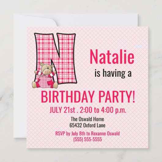 ピンクテディベアレターN子供の誕生日パーティー 招待状 (裏面)
