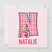 ピンクテディベアレターN子供の誕生日パーティー 招待状 (正面)