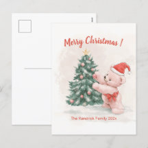 ピンクテディベアレトロクリスマスポストカード