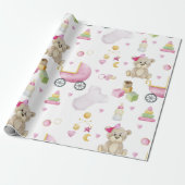ピンクテディベアーガールベビーシャワー ラッピングペーパー (アンロールド)
