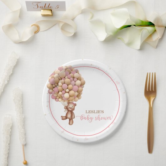ピンクテディベアーホットエアバルーンベビーシャワーカスタム ペーパープレート (ウェディング)