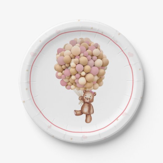 ピンクテディベアーホットエアバルーンベビーシャワープレート ペーパープレート (正面)