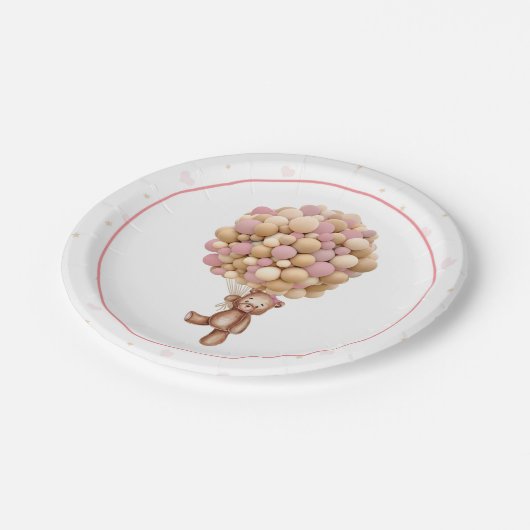 ピンクテディベアーホットエアバルーンベビーシャワープレート ペーパープレート (アングル)