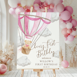 ピンクテディベアーリーファースト誕生日ウェルカムサイン ポスター